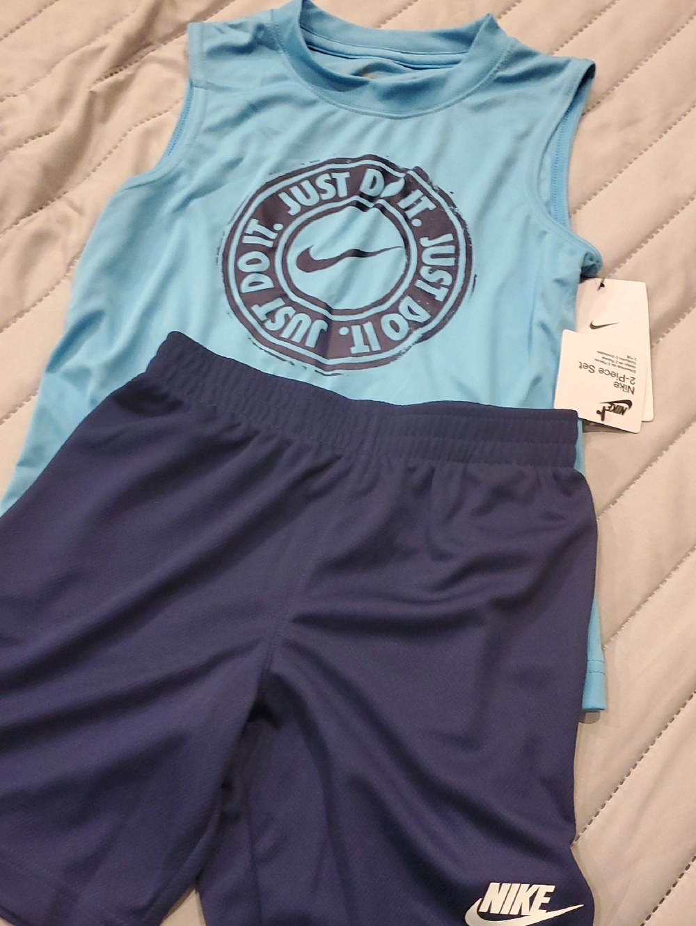 Nike Light Blue Tank Top with Navy Athletic Shorts